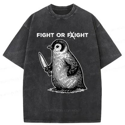 Tokyo-Tiger Funny Fight Or Flight Penguin Washed T-Shirt