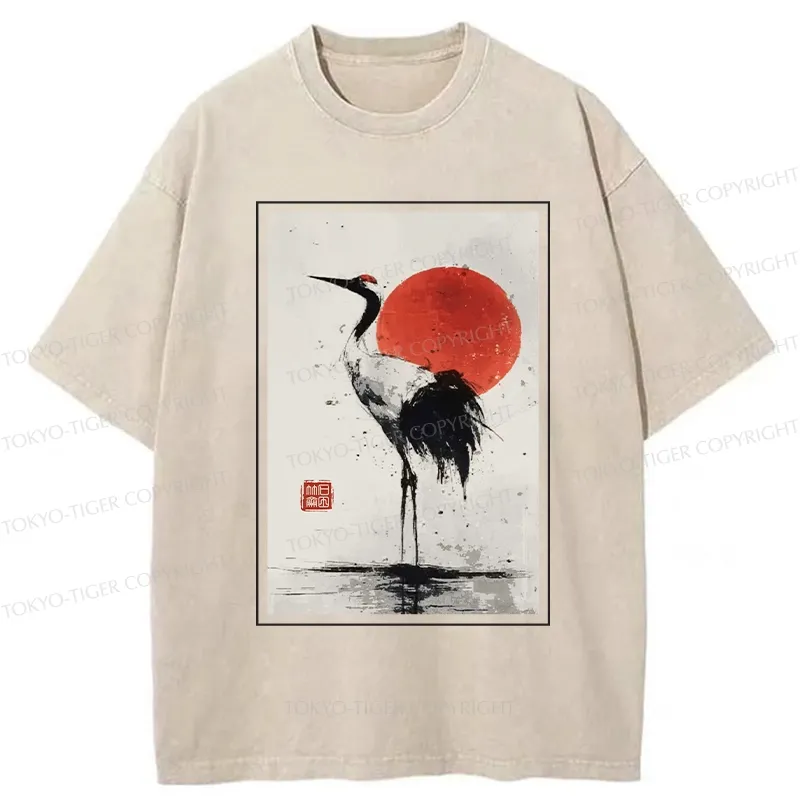 Tokyo-Tiger Retro Japanese Red-crowned Crane Washed T-Shirt