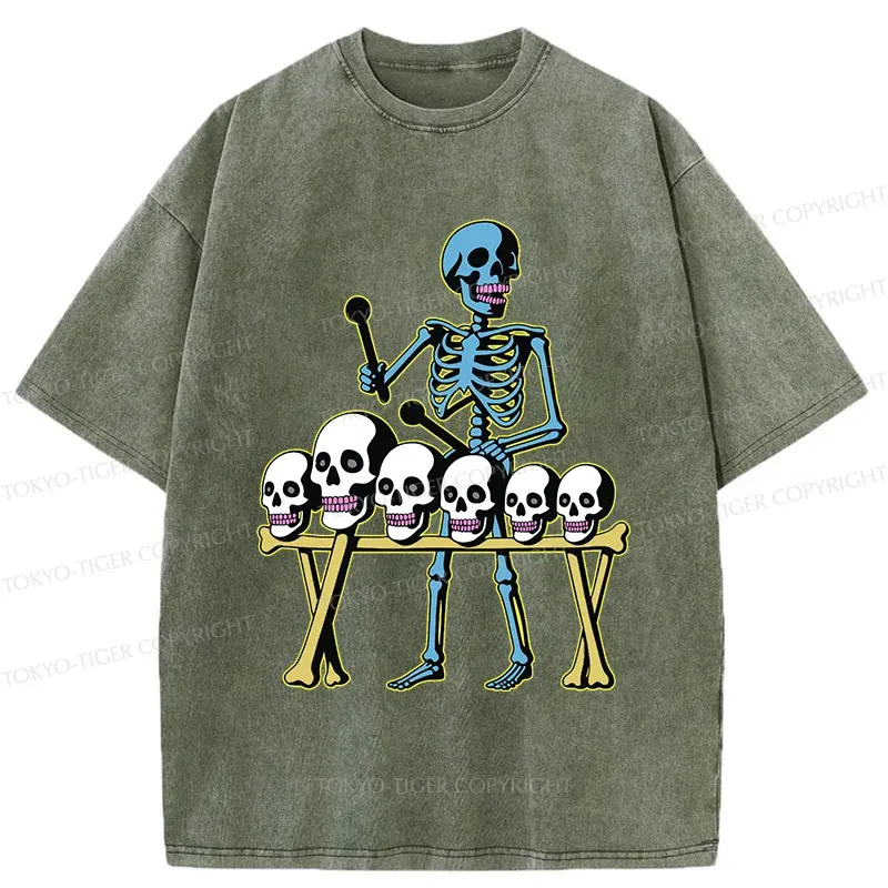 Tokyo-Tiger Skeleton Playing Bone Piano Washed T-Shirt