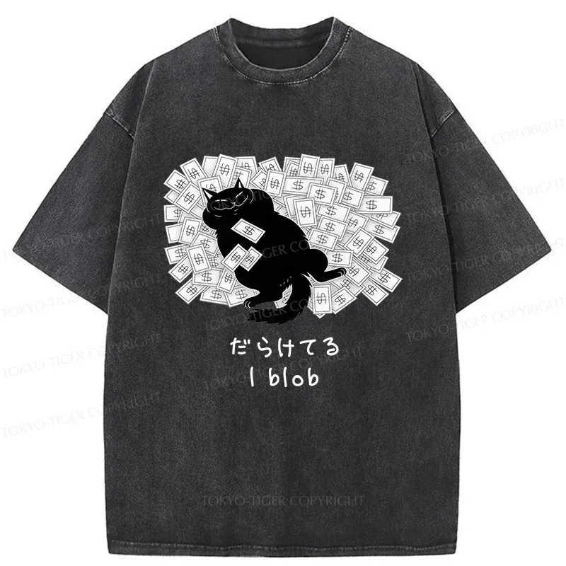 Tokyo-Tiger Cat Lying On Money Washed T-Shirt
