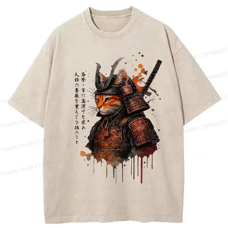 Tokyo-Tiger Vintage Samurai Cat Washed T-Shirt