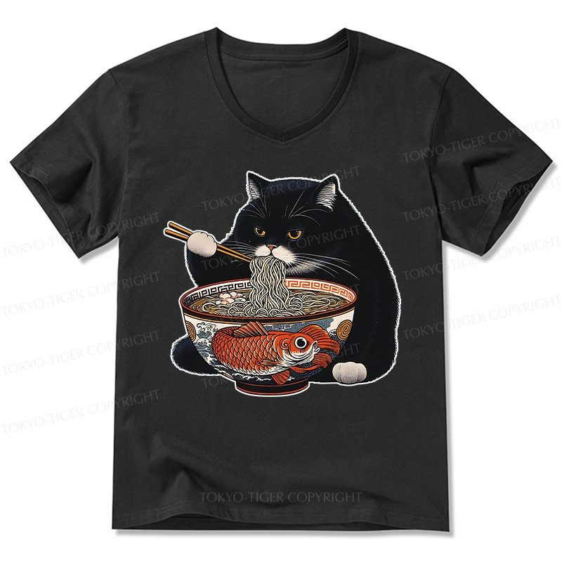 Tokyo-Tiger Fat Cat Eating Ramen V-Neck Classic T-Shirt