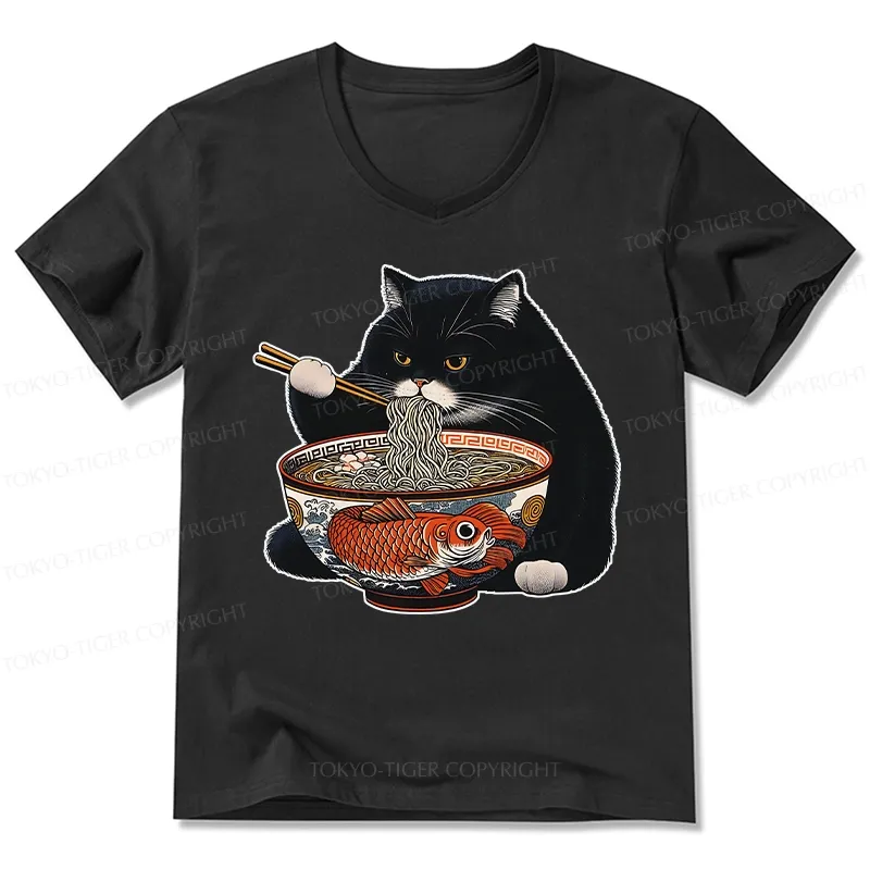 Tokyo-Tiger Fat Cat Eating Ramen V-Neck Classic T-Shirt