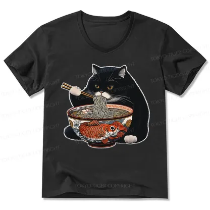 Tokyo-Tiger Fat Cat Eating Ramen V-Neck Classic T-Shirt