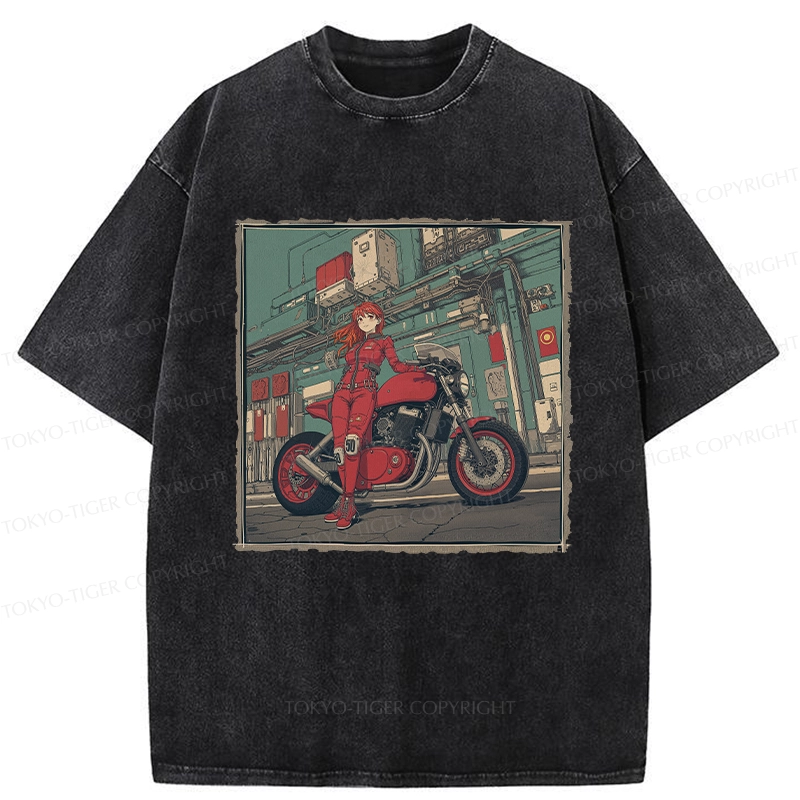 Tokyo-Tiger Cool Motorcycle Girl Washed T-Shirt