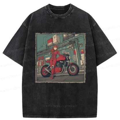 Tokyo-Tiger Cool Motorcycle Girl Washed T-Shirt