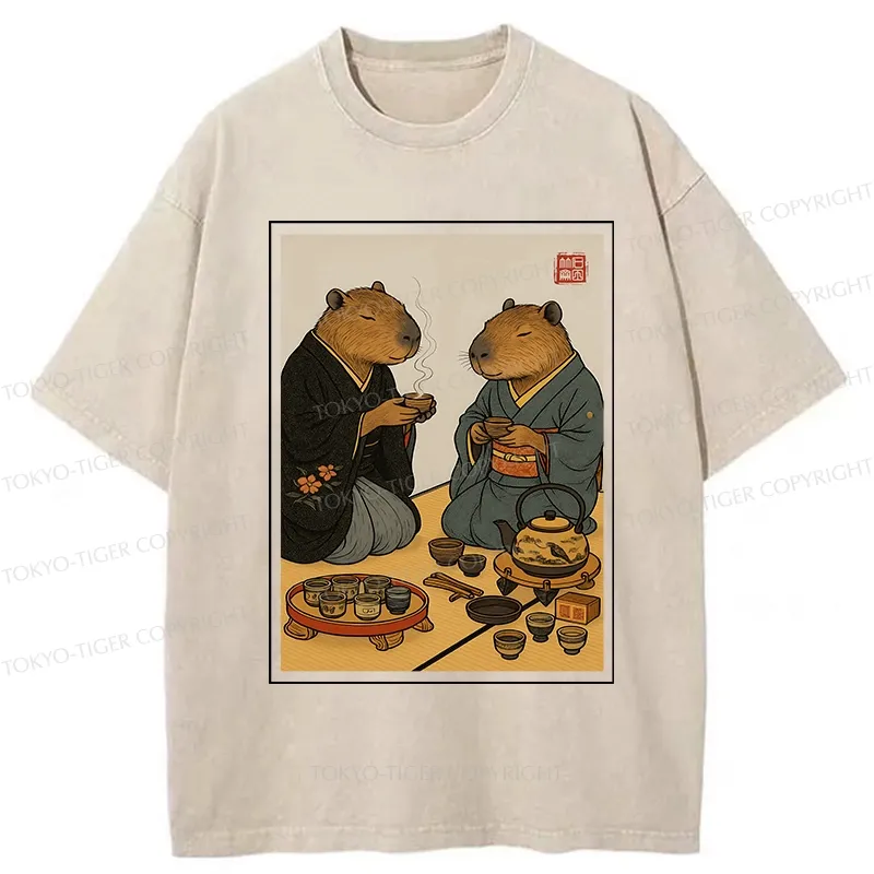 Tokyo-Tiger Capybara Tea Ceremony Washed T-Shirt