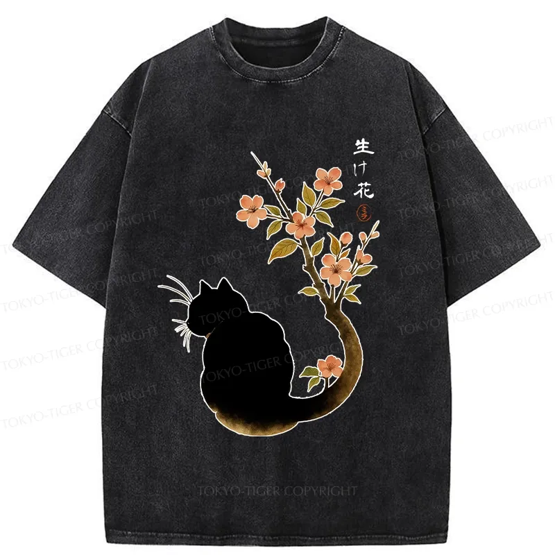 Tokyo-Tiger Retro Cat Tail Flowers Washed T-Shirt