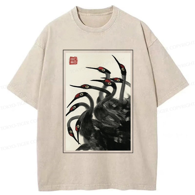 Tokyo-Tiger Retro Red Crowned Crane Washed T-Shirt