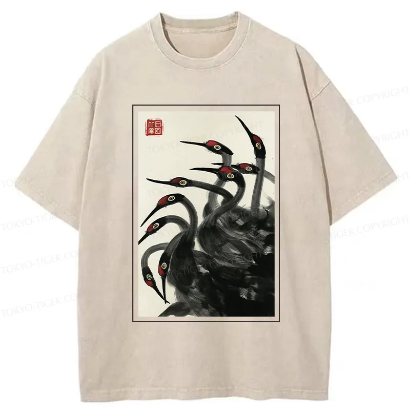 Tokyo-Tiger Retro Red Crowned Crane Washed T-Shirt