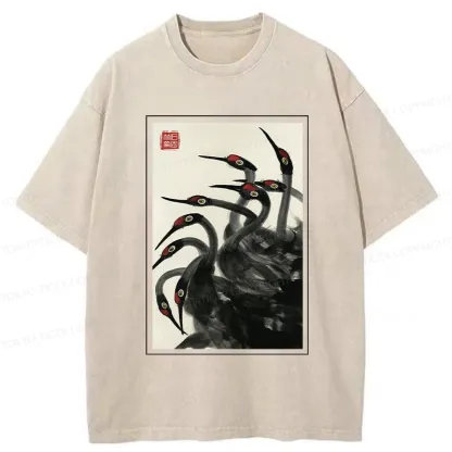 Tokyo-Tiger Retro Red Crowned Crane Washed T-Shirt