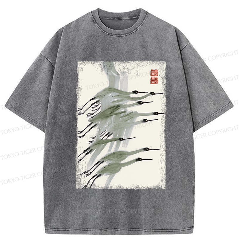 Tokyo-Tiger Flock of Cranes in Flight Washed T-Shirt