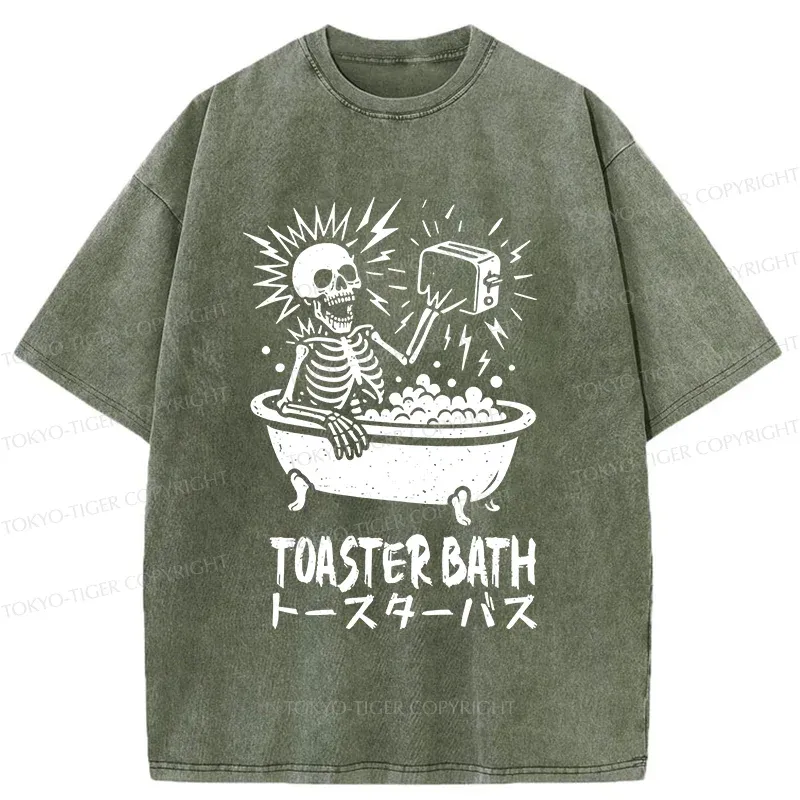 Tokyo-Tiger Funny Skeleton Taking A Bath Washed T-Shirt