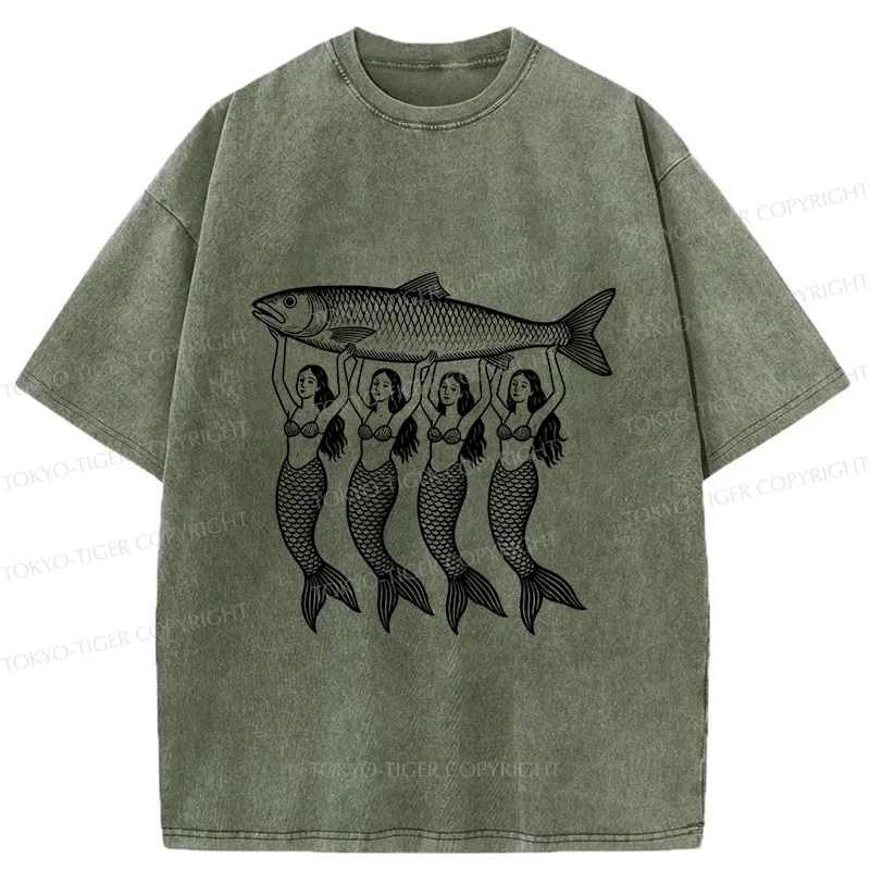 Tokyo-Tiger Mermaids Holding Fish Washed T-Shirt