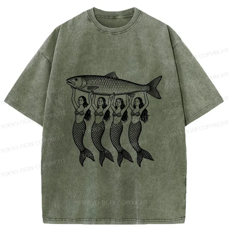 Tokyo-Tiger Mermaids Holding Fish Washed T-Shirt