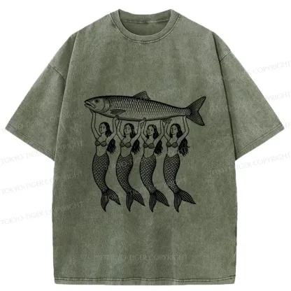 Tokyo-Tiger Mermaids Holding Fish Washed T-Shirt