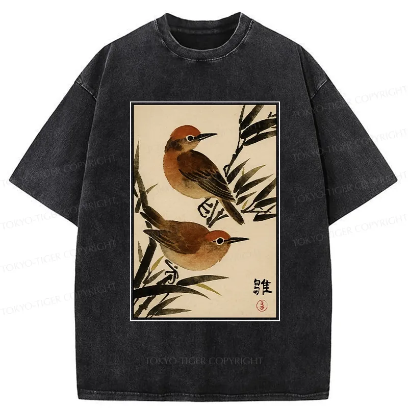 Tokyo-Tiger Sparrows Among Bamboo Washed T-Shirt