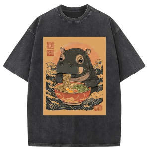 Image of Tokyo-Tiger Moo Deng Eat Ramen Washed T-Shirt