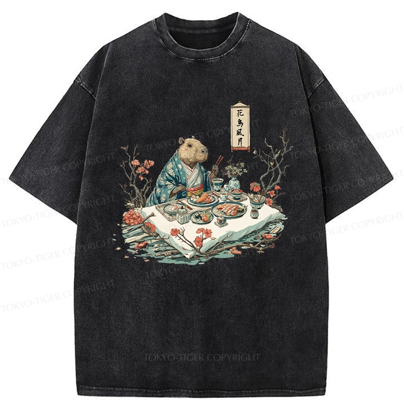 Tokyo-Tiger Capybara Enjoying Sushi Feast Washed T-Shirt
