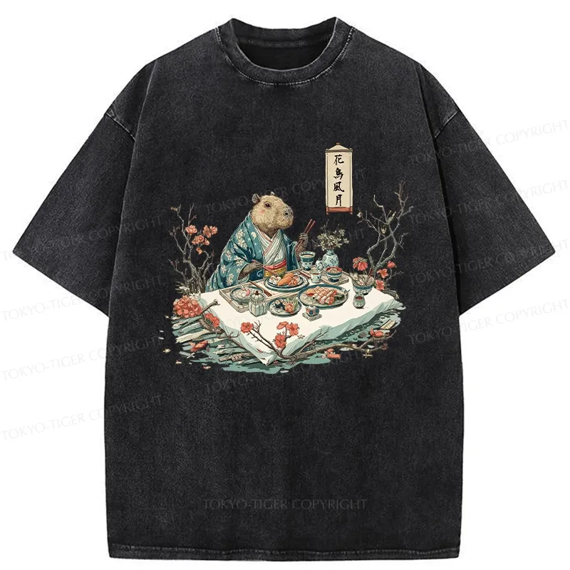Tokyo-Tiger Capybara Enjoying Sushi Feast Washed T-Shirt
