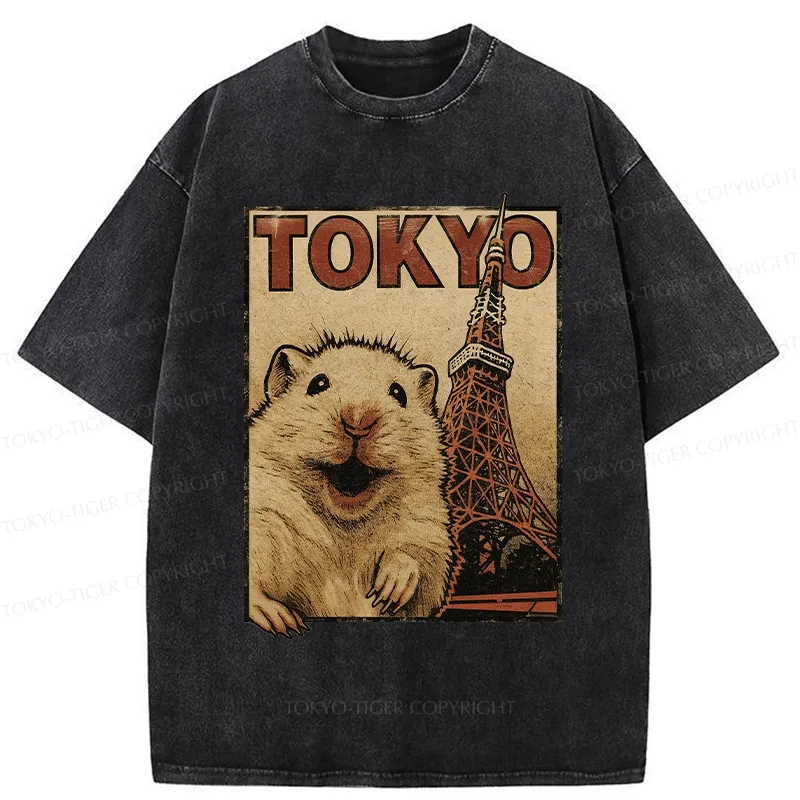 Tokyo-Tiger Happy Hamster Under Tokyo Tower Washed T-Shirt
