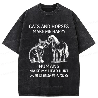 Tokyo-Tiger Funny Cats And Horses Make Me Happy Washed T-Shirt