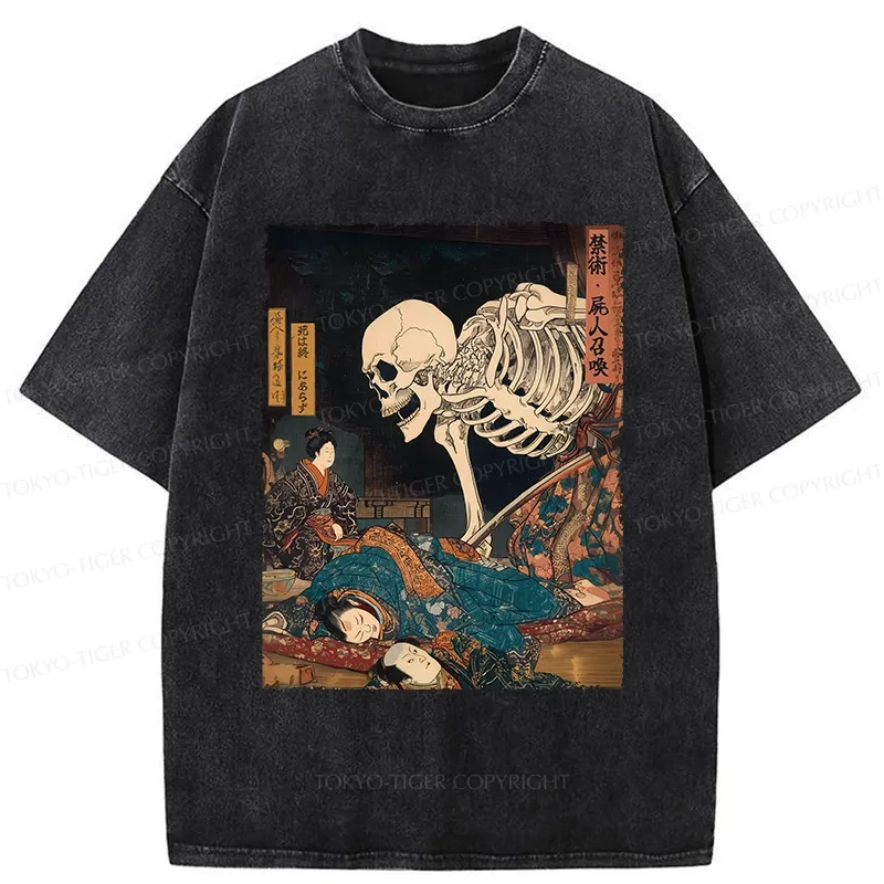 Tokyo-Tiger Ukiyoe Skeleton Yokai Washed T-Shirt