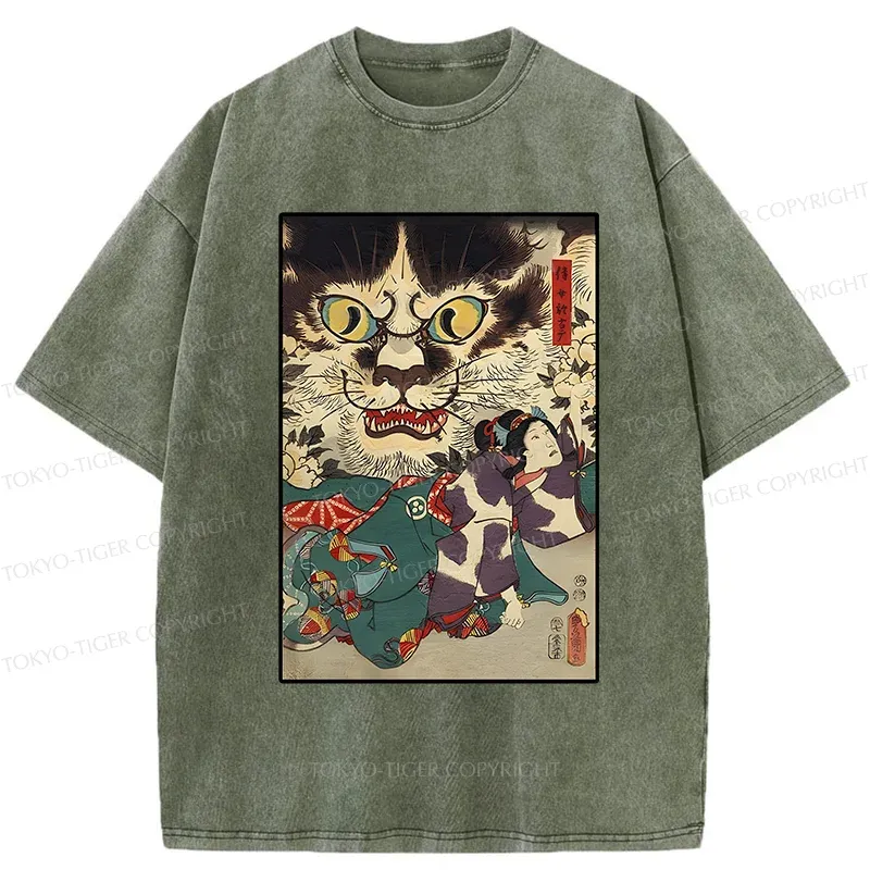 Tokyo-Tiger Japanese Cat Yokai Washed T-Shirt