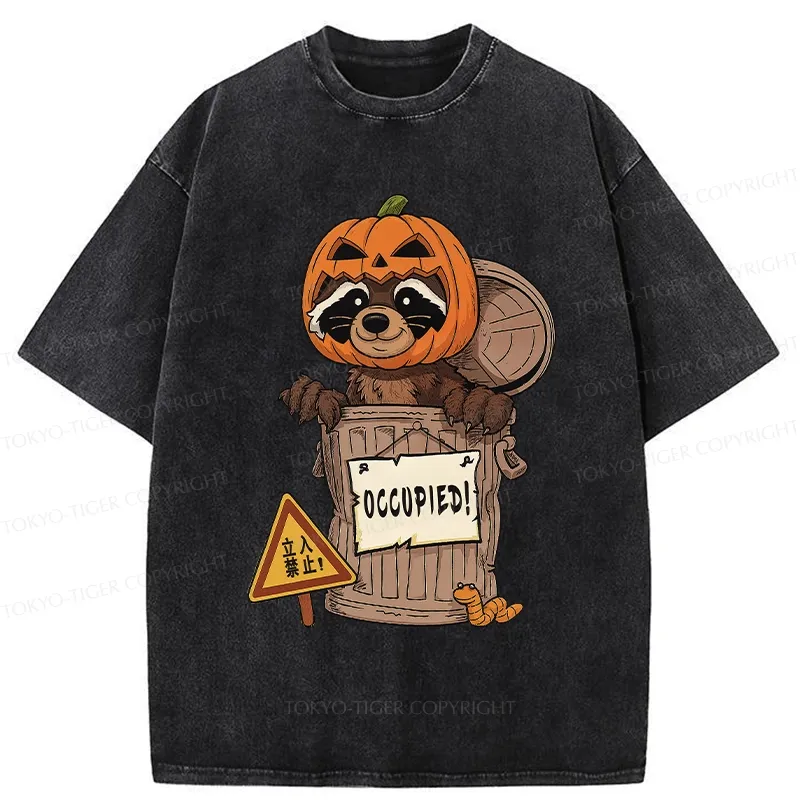 Tokyo-Tiger Funny Raccoon’s Halloween Retreat Washed T-Shirt