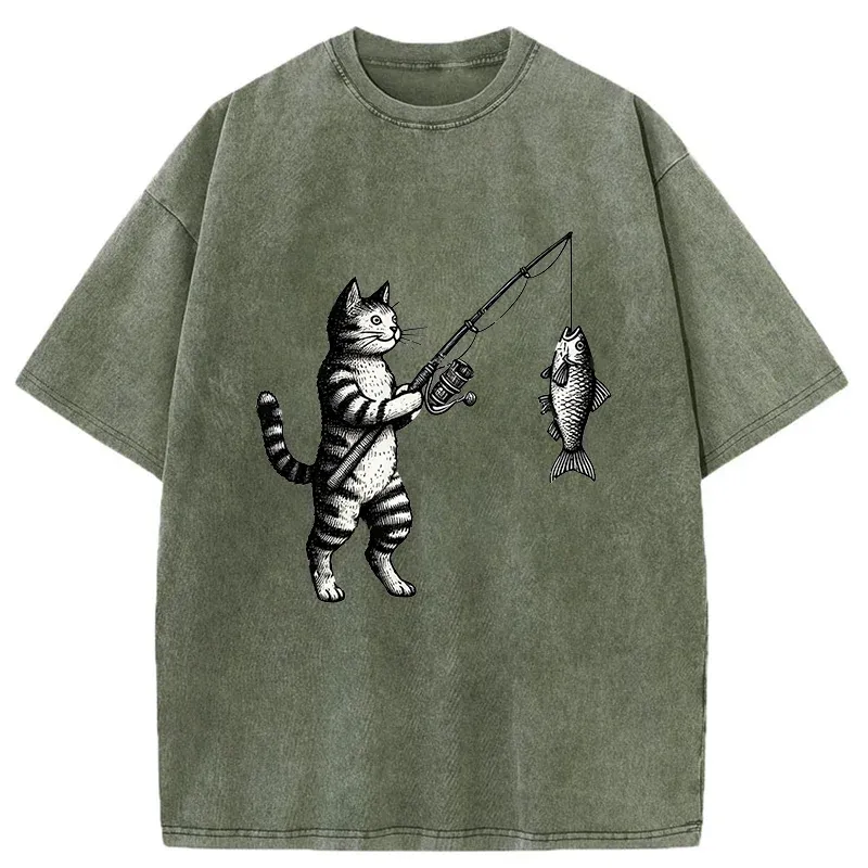 Tokyo-Tiger Cat Fishing Washed T-Shirt