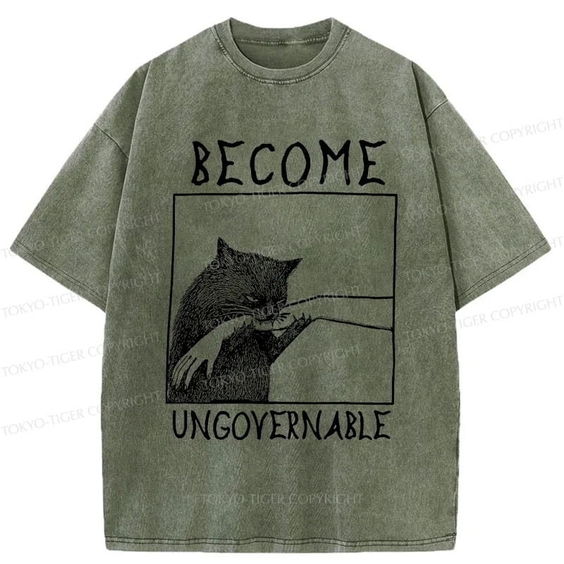 Tokyo-Tiger Cat Biting Arm Washed T-Shirt