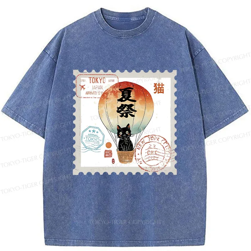 Tokyo-Tiger Japanese Cat Stamp Washed T-Shirt