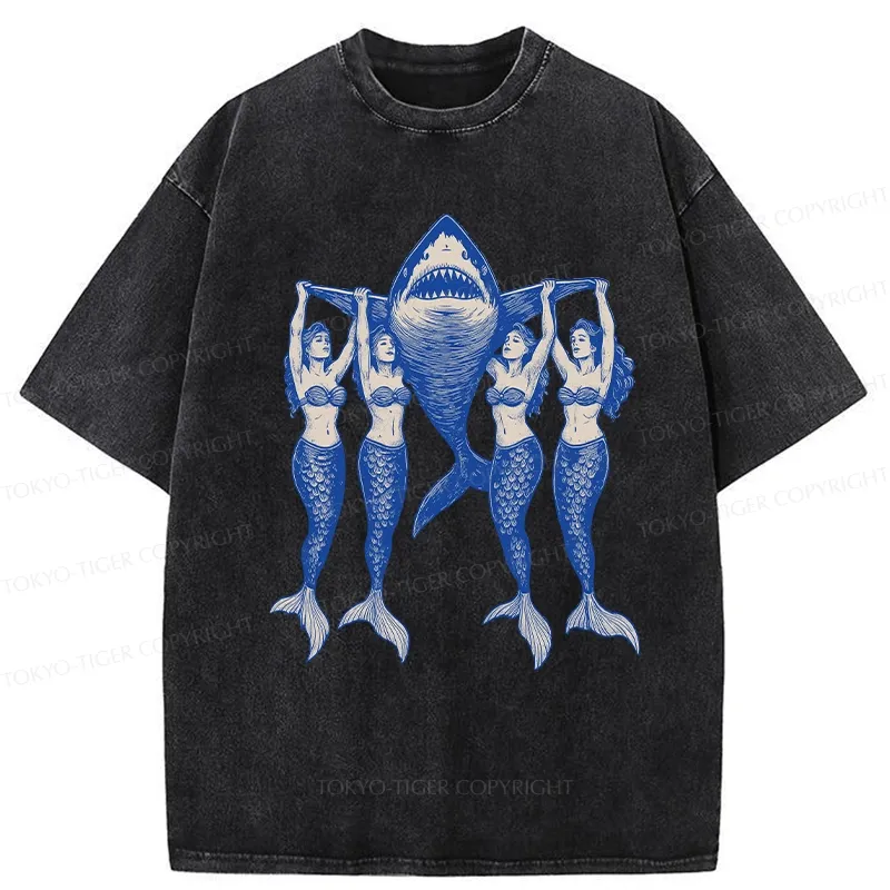 Tokyo-Tiger Mermaids Hoisting The Shark Washed T-Shirt