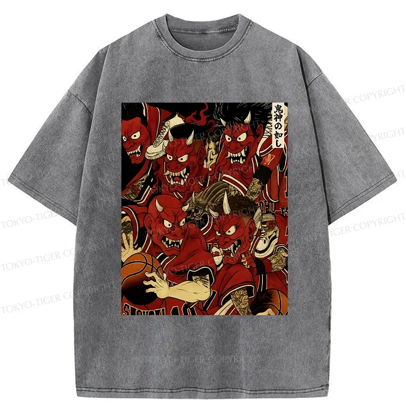 Tokyo-Tiger Demons Playing Basketball Washed T-Shirt