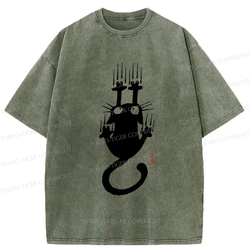 Tokyo-Tiger Climbing Black Cat Washed T-Shirt