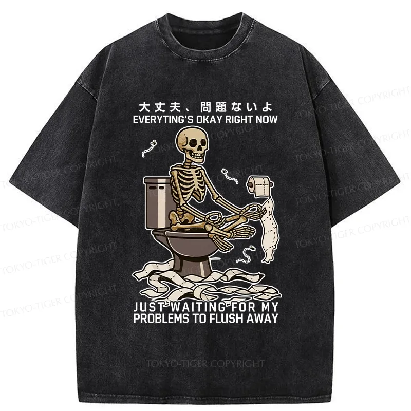 Tokyo-Tiger Funny Flushing Away Skeleton’s Question Washed T-Shirt