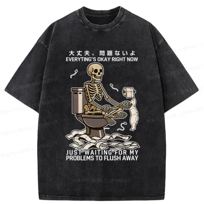 Tokyo-Tiger Funny Flushing Away Skeleton’s Question Washed T-Shirt