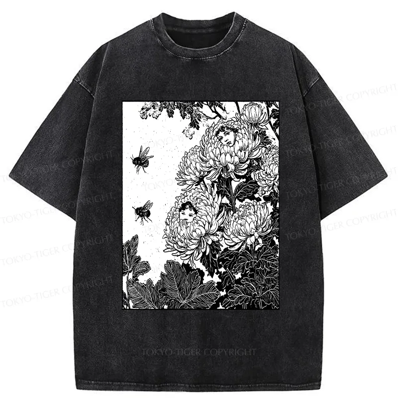 Tokyo-Tiger Chrysanthemums With Hidden Elf Washed T-Shirt