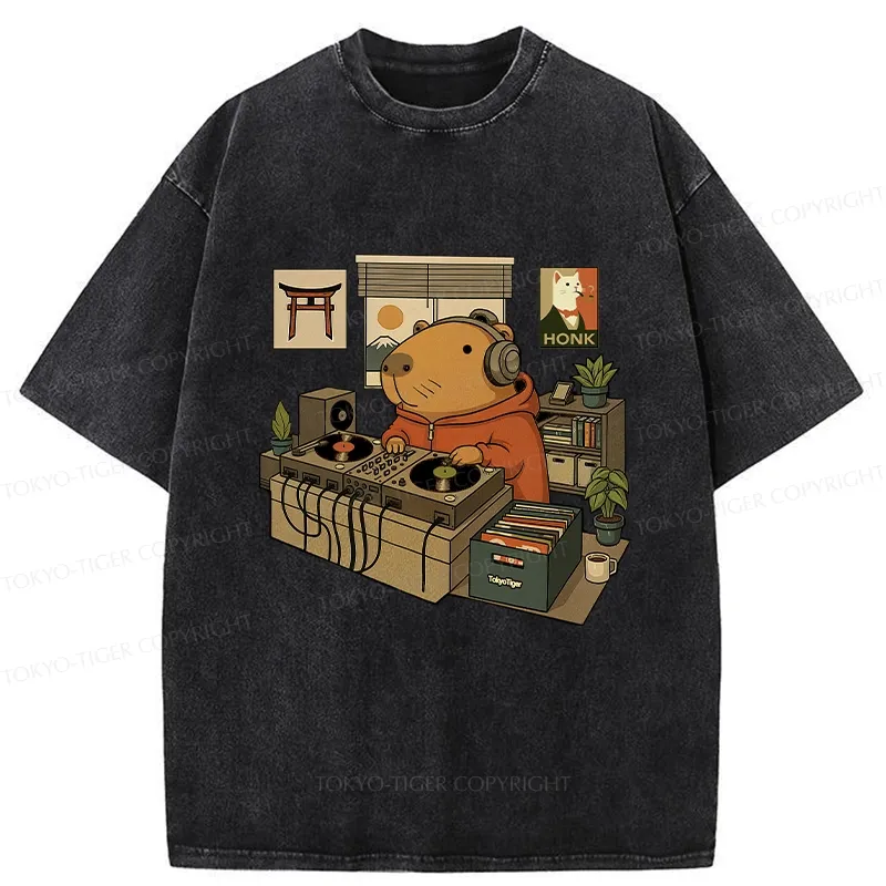 Tokyo-Tiger Funny Capybara DJ Washed T-Shirt