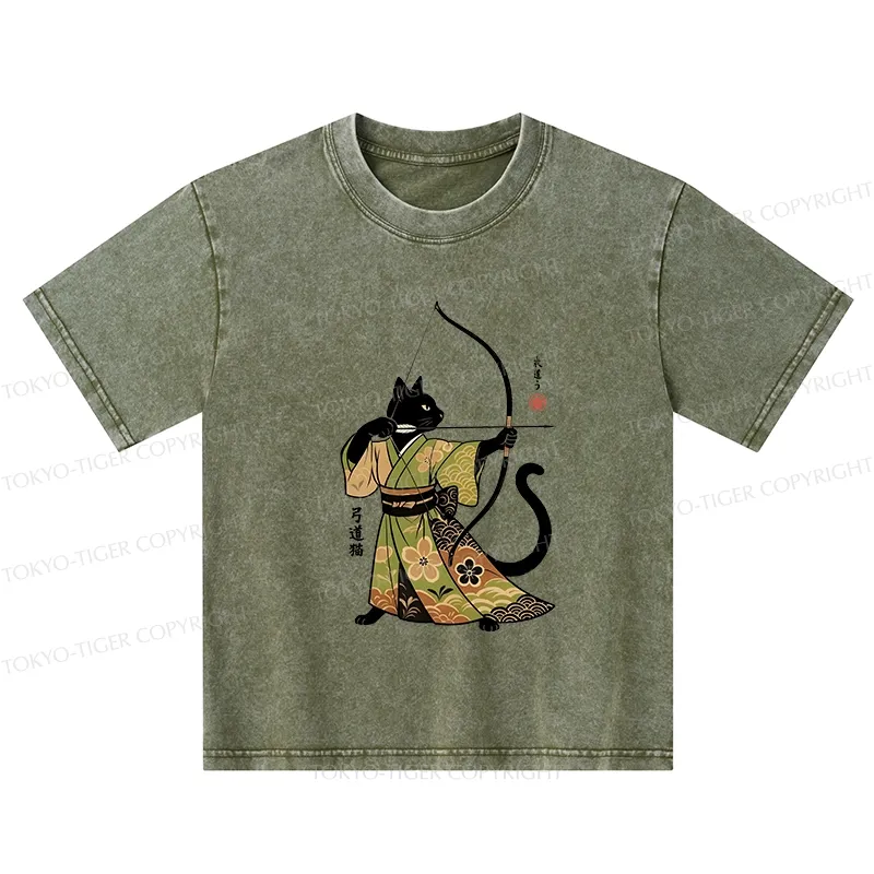 Tokyo-Tiger Japan Cat Archery Kids Washed T-Shirt