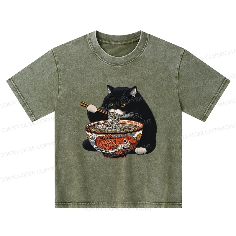 Tokyo-Tiger Fat Cat Eating Ramen Kids Washed T-Shirt