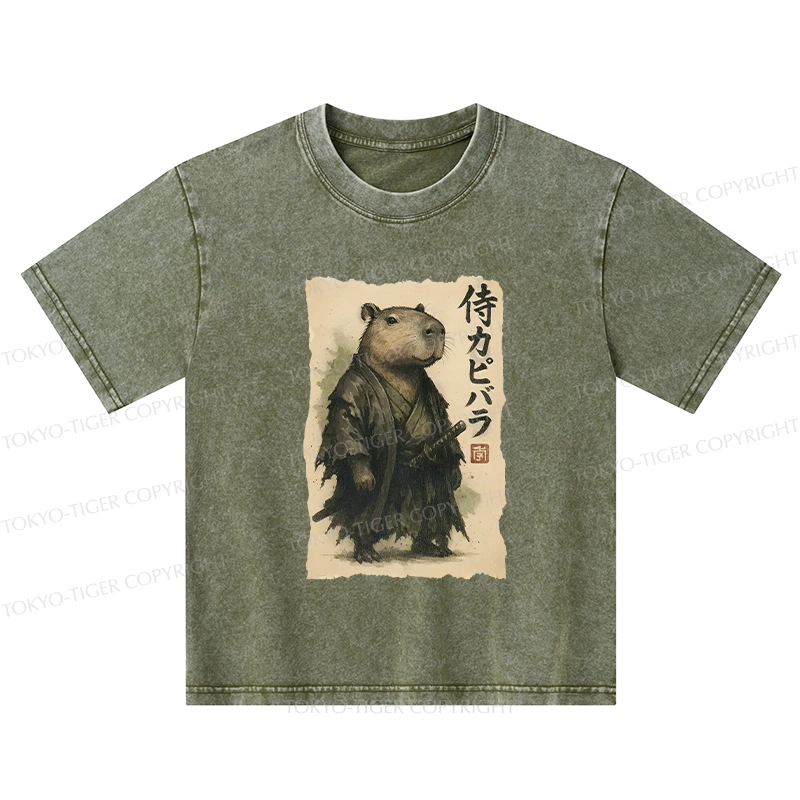 Tokyo-Tiger Capybara Samurai Kids Washed T-Shirt