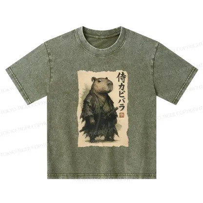 Tokyo-Tiger Capybara Samurai Kids Washed T-Shirt