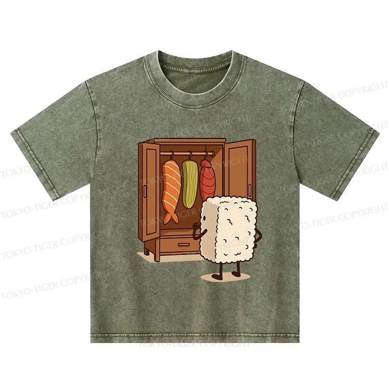 Tokyo-Tiger Sushi Pick Out Clothes Kids Washed T-Shirt