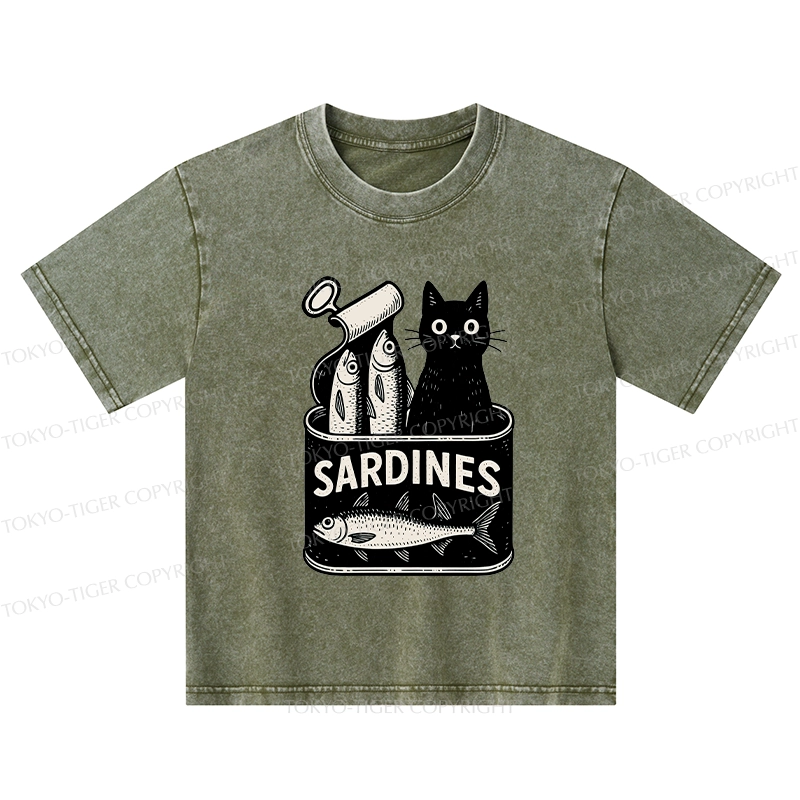 Tokyo-Tiger Cat And Canned Fish Kids Washed T-Shirt