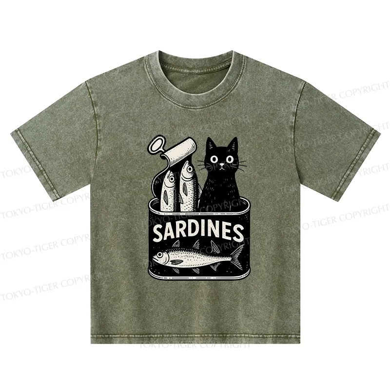 Tokyo-Tiger Cat And Canned Fish Kids Washed T-Shirt