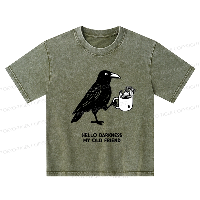 Tokyo-Tiger Crow Drinking Black Coffee Funny Kids Washed T-Shirt