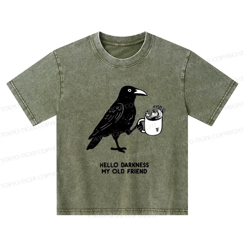 Tokyo-Tiger Crow Drinking Black Coffee Funny Kids Washed T-Shirt