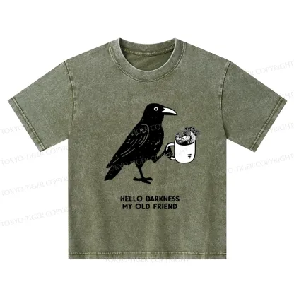 Tokyo-Tiger Crow Drinking Black Coffee Funny Kids Washed T-Shirt