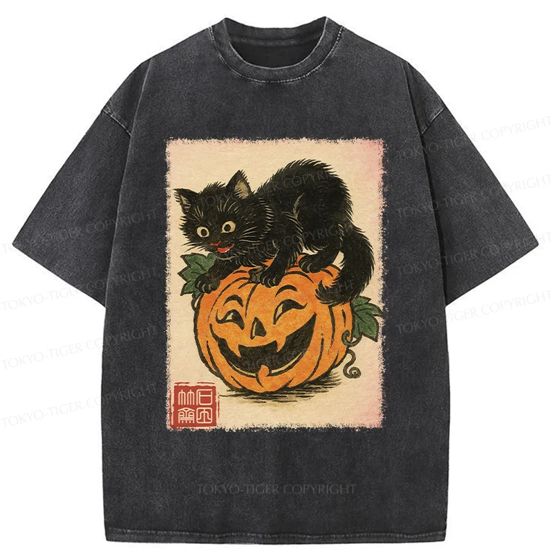 Tokyo-Tiger Black Cat And Pumpkin Washed T-Shirt